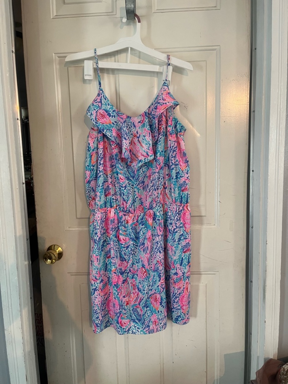 Lilly Pulitzer Pink & Blue Tropical Print Ruffled Romper